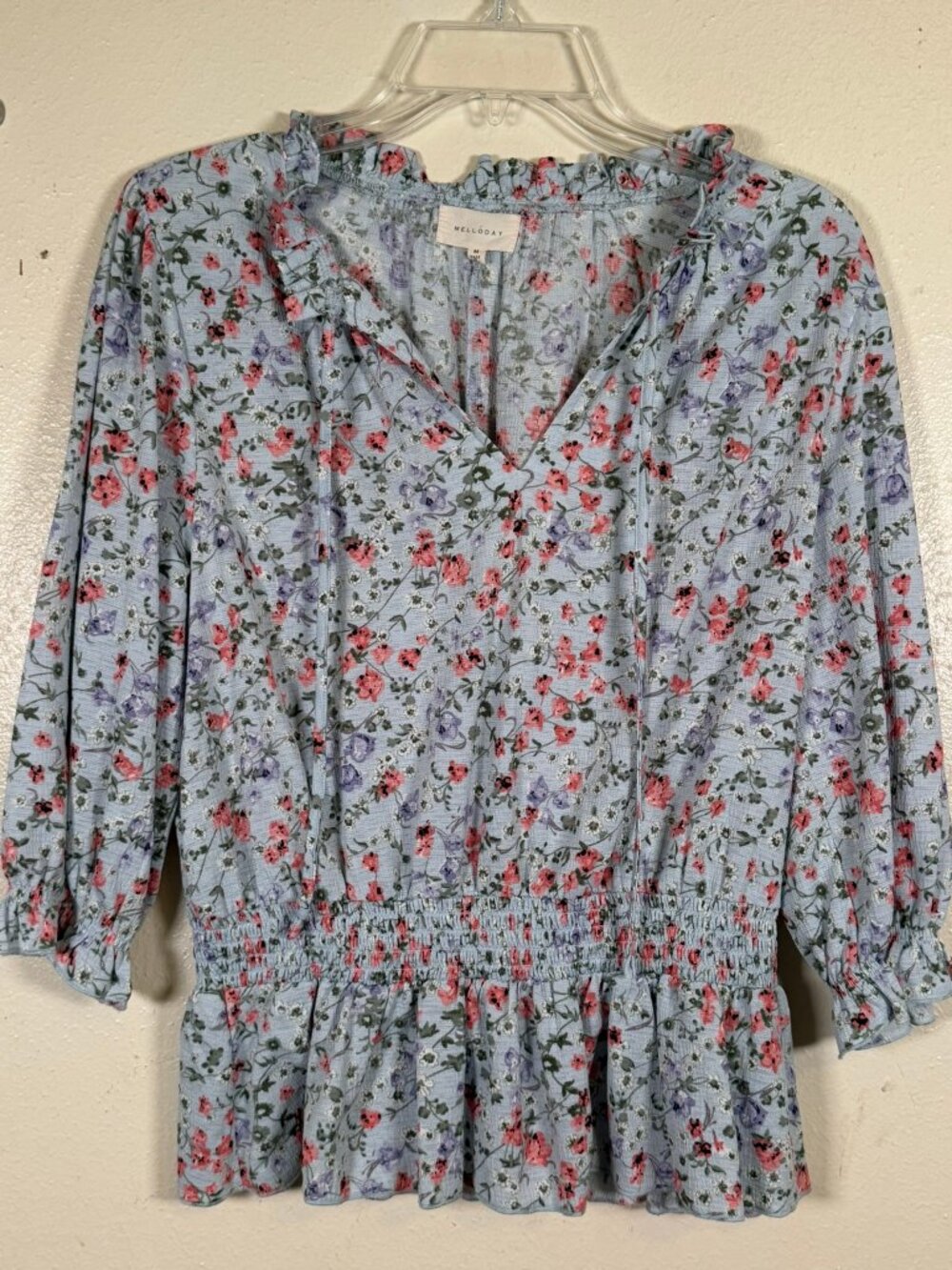 Melloday medium blue floral smocked peplum boho blouse